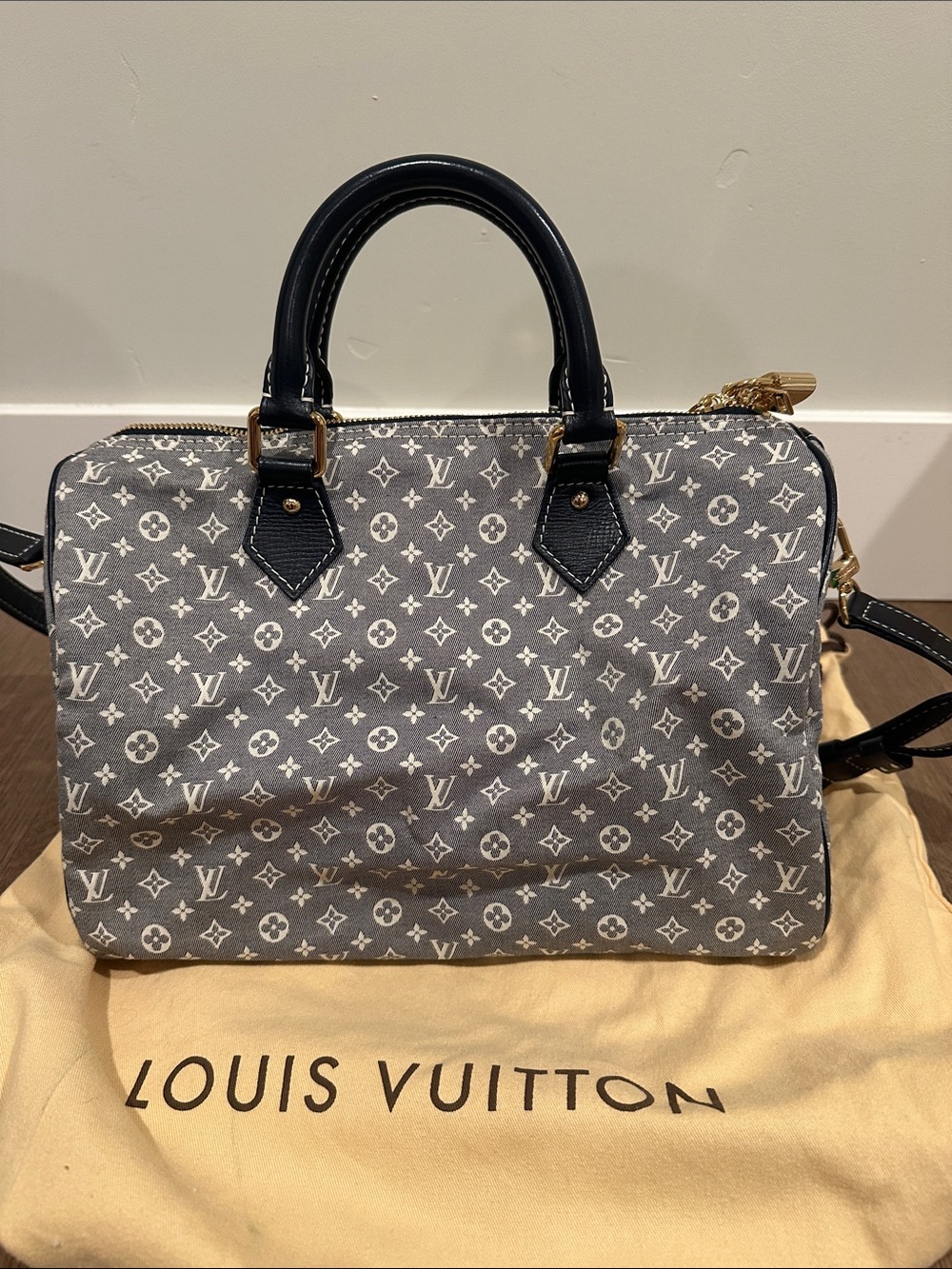Louis Vuitton Gray Monogram Canvas Speedy with Navy Handles